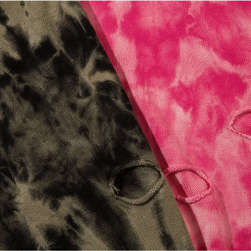 2023 Y2K Hole Knitted Sweater Hip Hop Streetwear Tie Dyed Distressed Ripped Pullover Men Harajuku Casual Knitwear Unisex Street King Limited