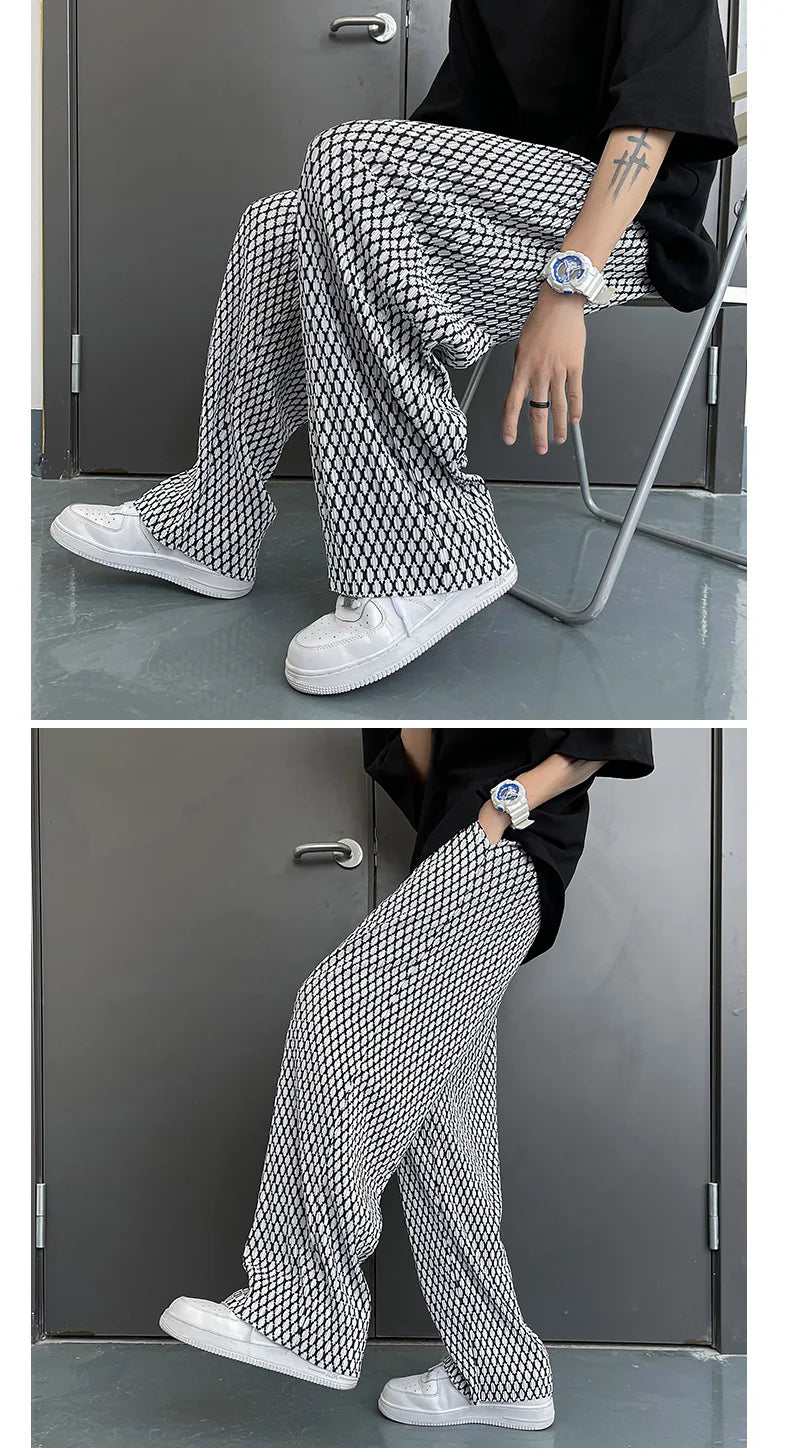 Summer Pleated Pants Men Fashion Casual Plaid Pants Men Streetwear Korean Loose Straight Ice Silk Pants Mens Plus Size Trousers Street King Limited