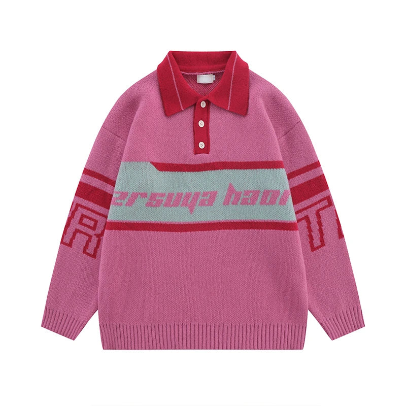 Men Knitted Sweater Jumper Casual Polo Neck Letter Casual Long Sleeve Streetwear Hip Hop Autumn Winter Pullover Knitwear Sweater Street King Limited