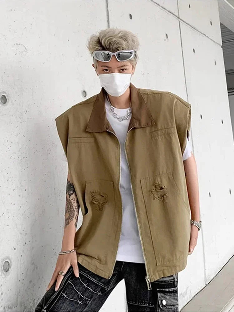 autumn mens zipper sleeveless denim jackets outwear streetwear khaki cargo vest coats 2024 new hip hop fashion working clothes unique cargo style 12