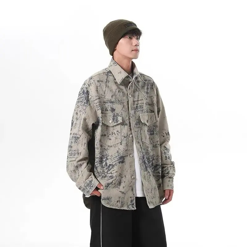 tie dye denim jacket mens new american high street multiple pockets washed cowboy coats fashion lapel loose tooling outwear stacked flare jeans