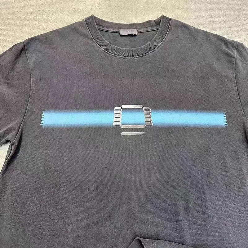 New Vintage Wash T Shirts Men Woman Abstract Luminescence Blue Ribbon Future Warrior Printing Loose Casual Top Tees Street King Limited