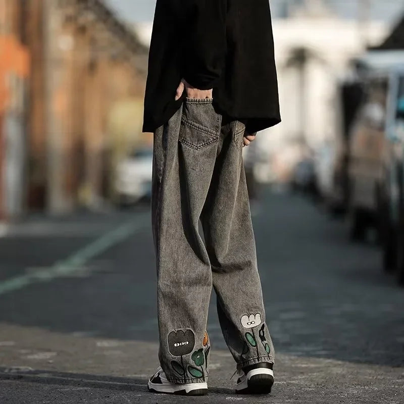 new mens y2k flower printed baggy jeans 2025 streetwear american casual denim wide leg pants hombre vintage straight trousers urban skinny jeans