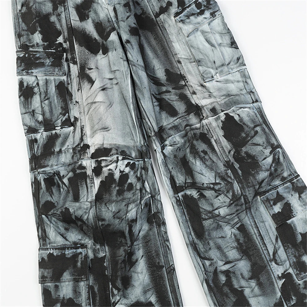 vintage dirty tie dye baggy jeans men multi pocket loose white straight jeans trousers luxury designer oversized denim pant unique jeans style 1930