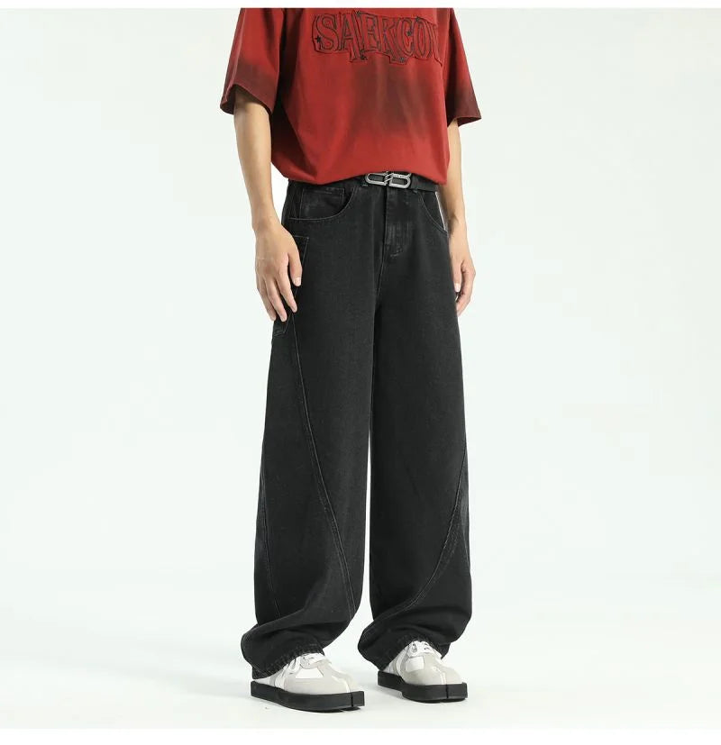 new vintage men s patchwork baggy jeans draped straight leg denim trousers autumn korean fashion high street casual y2k jean unique jeans style 543