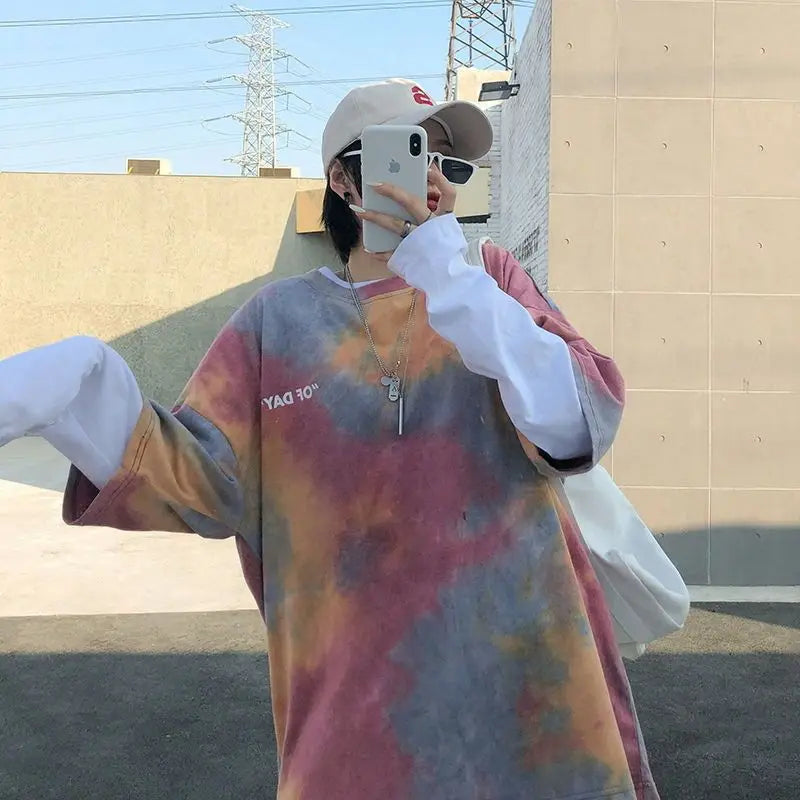 Summer national trend hip-hop tie-dye short-sleevedstyle Korean version ins loose couple's five-point half-sleeved T-shirt top Street King Limited