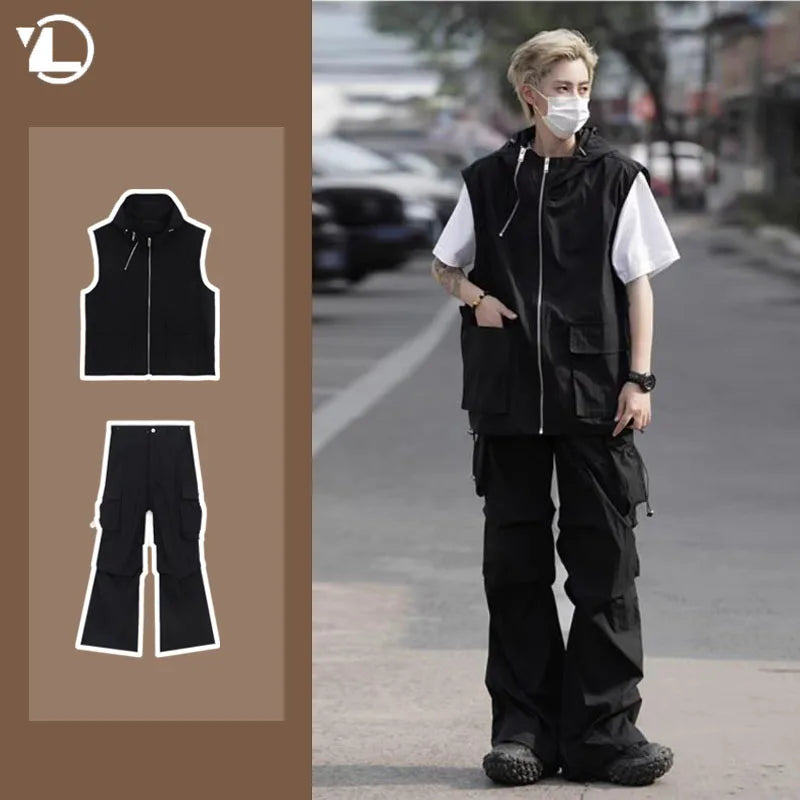 summer casual sleeveless set men hip hop loose hooded vest pockets straight leg cargo pants 2 piece outdoors sports camp suit unique cargo style 3850
