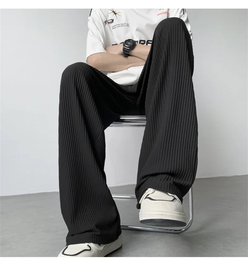 summer texture straight pants for men korean fashion baggy wide leg trousers casual drape pleated striped y2k pantalones hombre unique default style 493