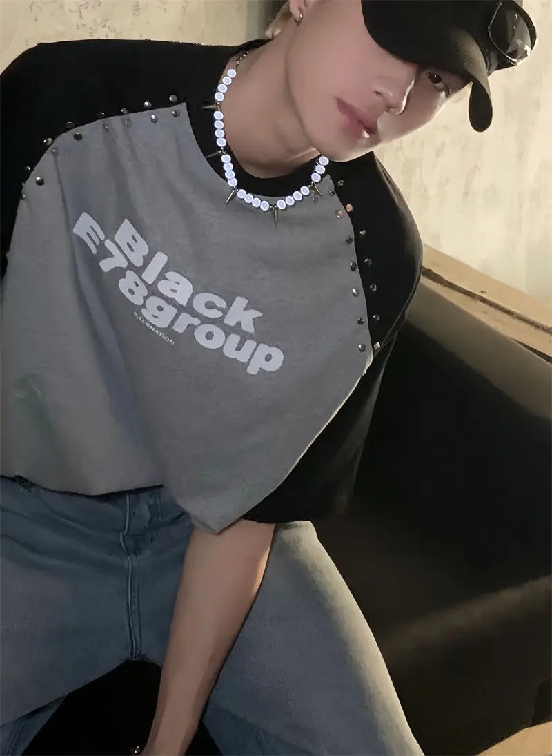 Trendy brand Korean splicing plug-in short-sleeved T-shirt men's summer design niche silver diamond design letter print y2k top Street King Limited