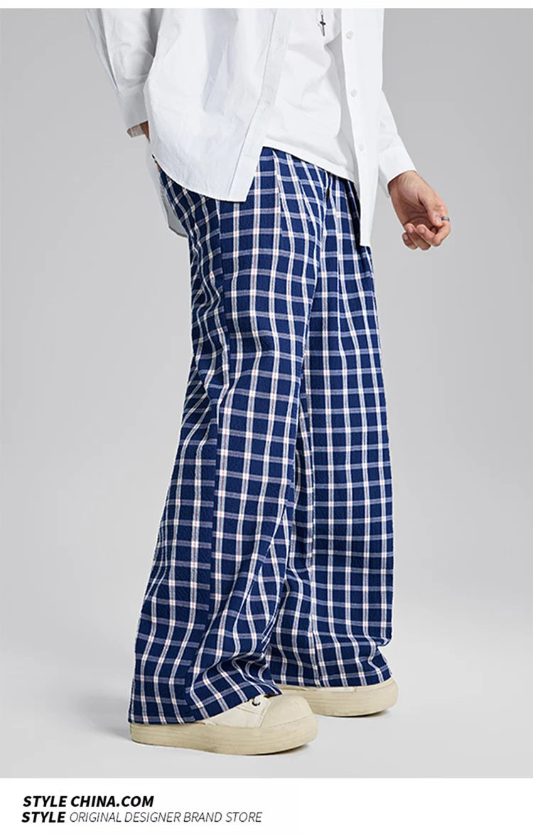 men women american streetwear fashion loose plaid wide leg straight pant boyfriend button down sports casual pants trousers unique default style 1411