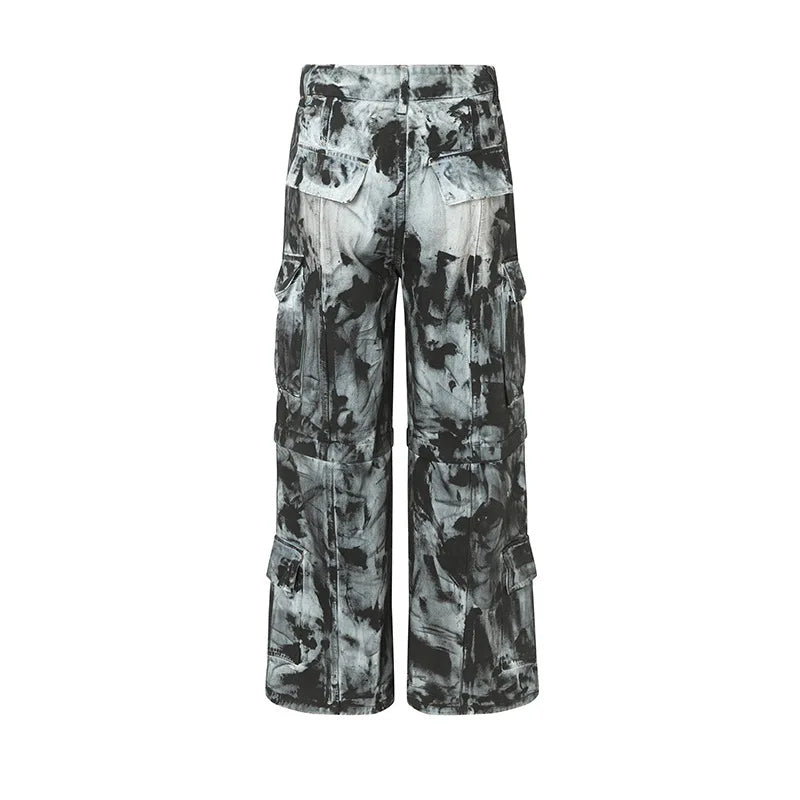 vintage dirty tie dye baggy jeans men multi pocket loose white straight jeans trousers luxury designer oversized denim pant stacked flare jeans