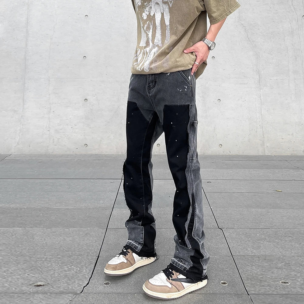 Harajuku Black Graffiti Flared Jeans Pants Patches Hip Hop Splashed Ink Wide Jeans Trousers Blue Slim Fit Washed Jeans for Men Street King Limited