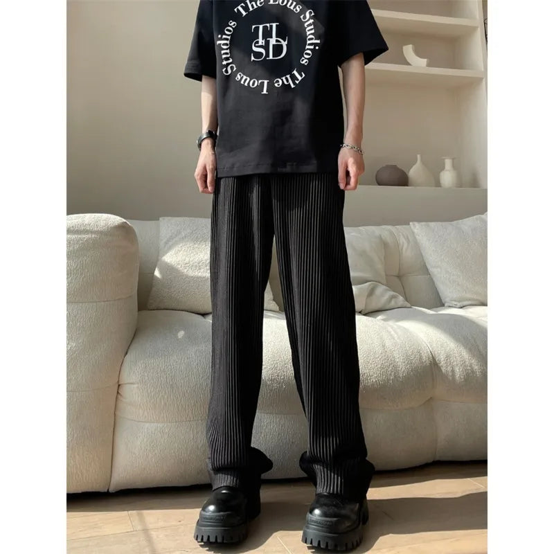 Summer Pleated Pants Men Oversized Fashion Casual Ice Silk Pants Men Streetwear Hip Hop Loose Wide Leg Pants Mens Trousers S-2XL Street King Limited