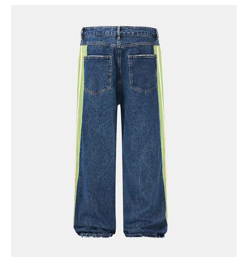 men streetwear fashion side splice hip hop loose casual wide leg straight baggy jeans pant cityboy jeans pants trousers unique jeans style 2476