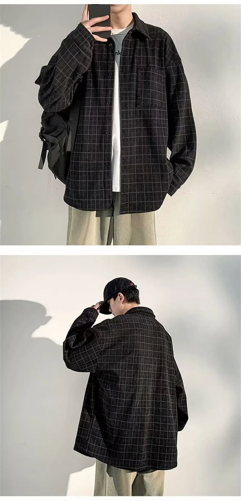 Streetwear Autumn Long Sleeve Corduroy Plaid Shirt Mens High Street Retro Casual Autumn Long Sleeve Corduroy Plaid Shirt Mens High Street Retro Casual Social Blouses Korean Fashion Loose Y2K Tee Shirts Fashion Sweater Jacket With Graphic Design For Men