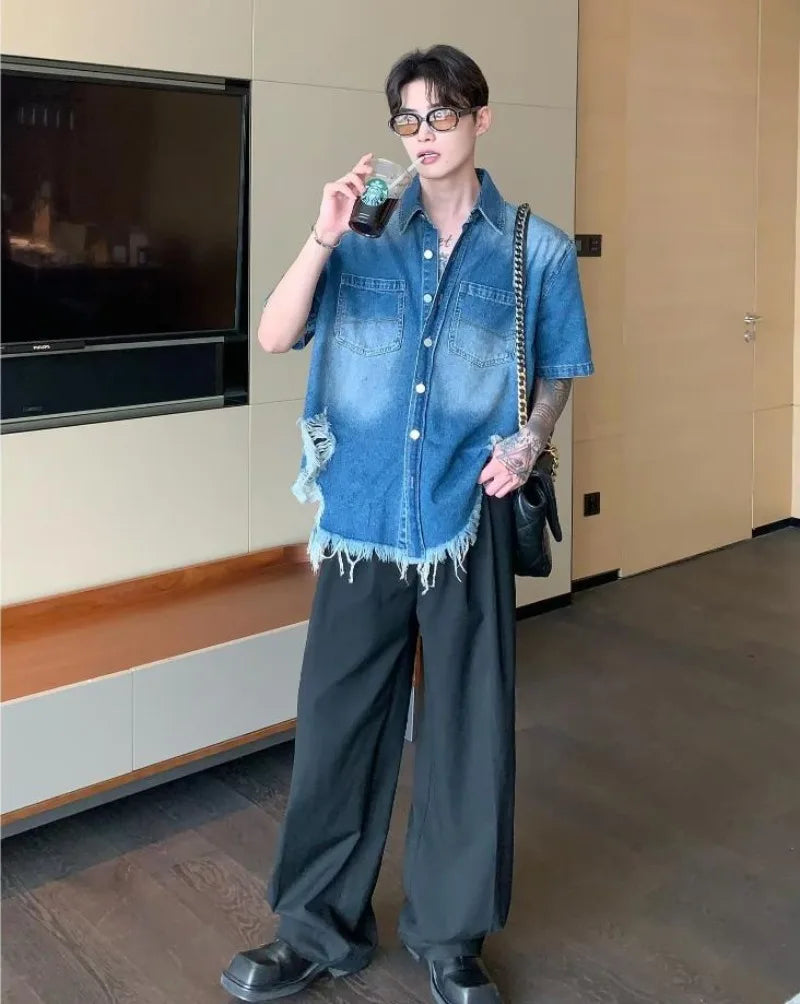 summer trend mens set shoulder padded short sleeved denim shirt quick drying casual pants 2 pcs set american retro street suit unique jeans style 3896