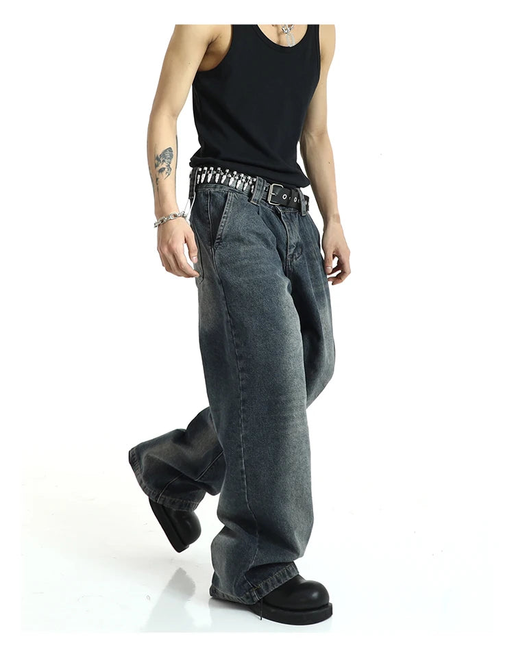 mens high street loose denim jeans unisex casual straight zipper jeans hip hop streetwear casual wide legs joggers baggy jeans unique joggers style 5086