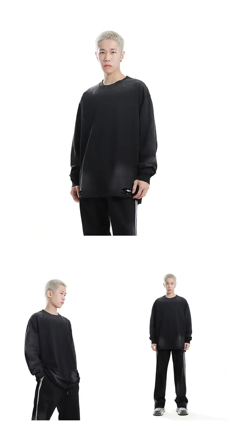 Men's Streetwear Hole Washed Cotton Long Sleeve Loose Casual T Shirt Tiki Y2k Clothes Oversized T-shirt for Men Tops Tshirt Street King Limited