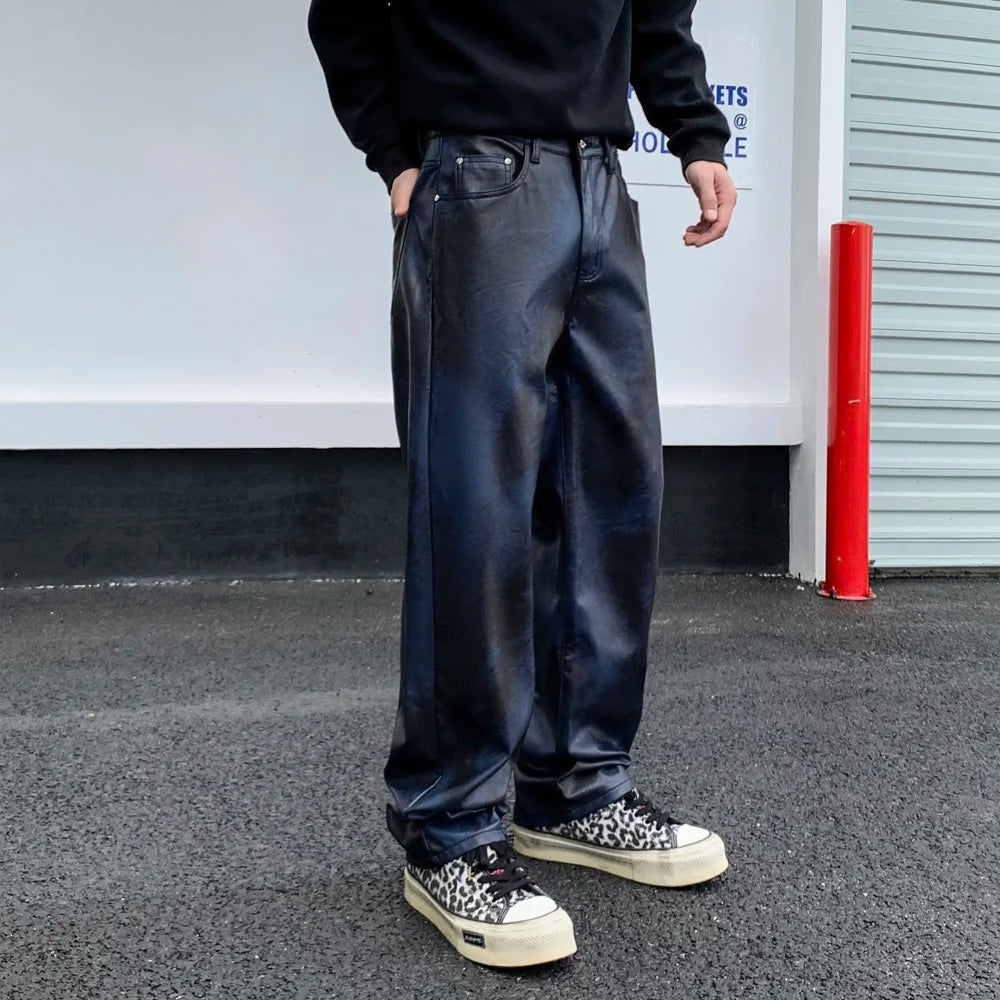 men streetwear fashion hip hop punk gothic vibe casual straight leather pant man y2k trousers motorcycle pants stage clothing unique default style 2312