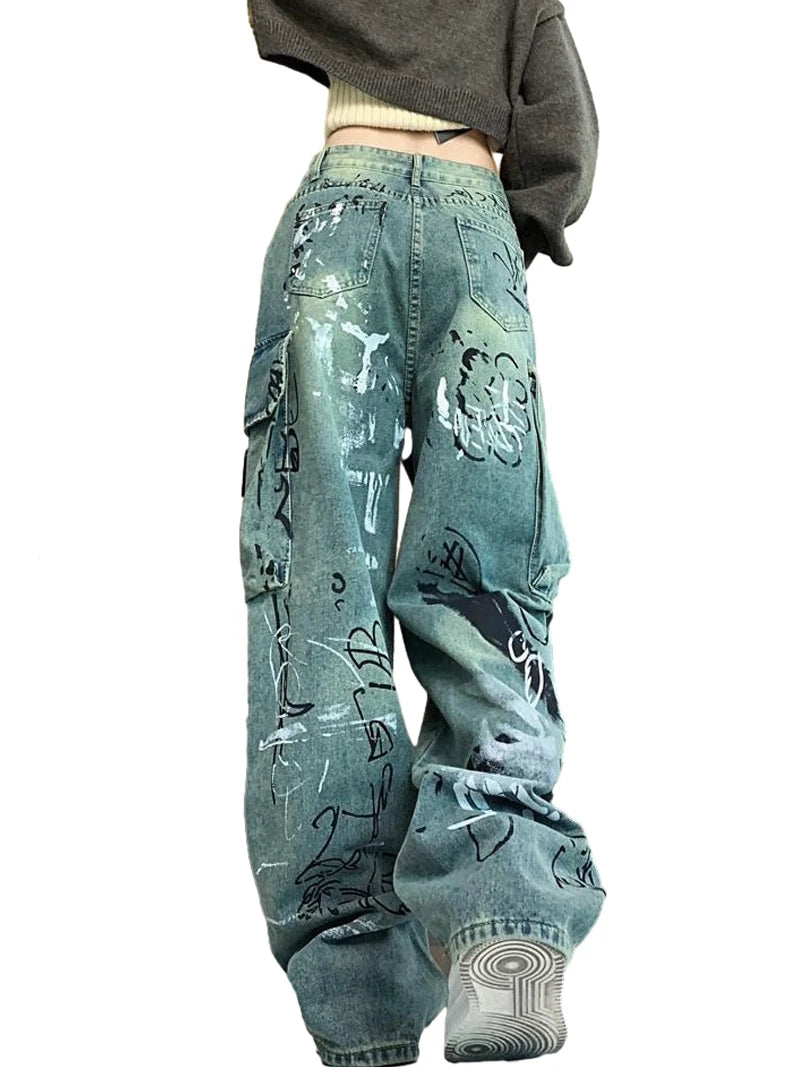 graffiti printed denim jeans unisex side pocket straight cargo jean trousers hip hop streetwear casual loose joggers jeans pants unique joggers style 2698