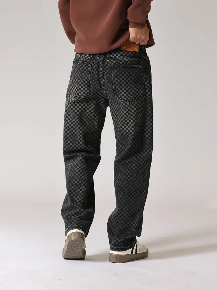men streetwear fashion hip hop loose casual print black plaid denim pant jeans man vibe straight cowboy baggy jeans trousers unique jeans style 1448