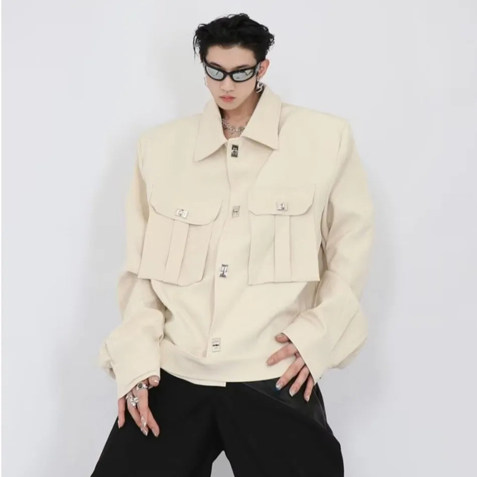 trendy high street jacket mens unisex metal button shoulder pad short coats multi pocket punk hip hop loose outwear oversized unique shorts style 3530