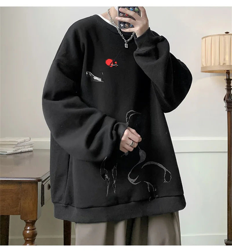 Ink Painting Cartoon Crane Printed Pullover Hoodies For Men 2024 New Hip Hop Fashion Crewneck Hoody Y2K Streetwear Sweatshirts Street King Limited