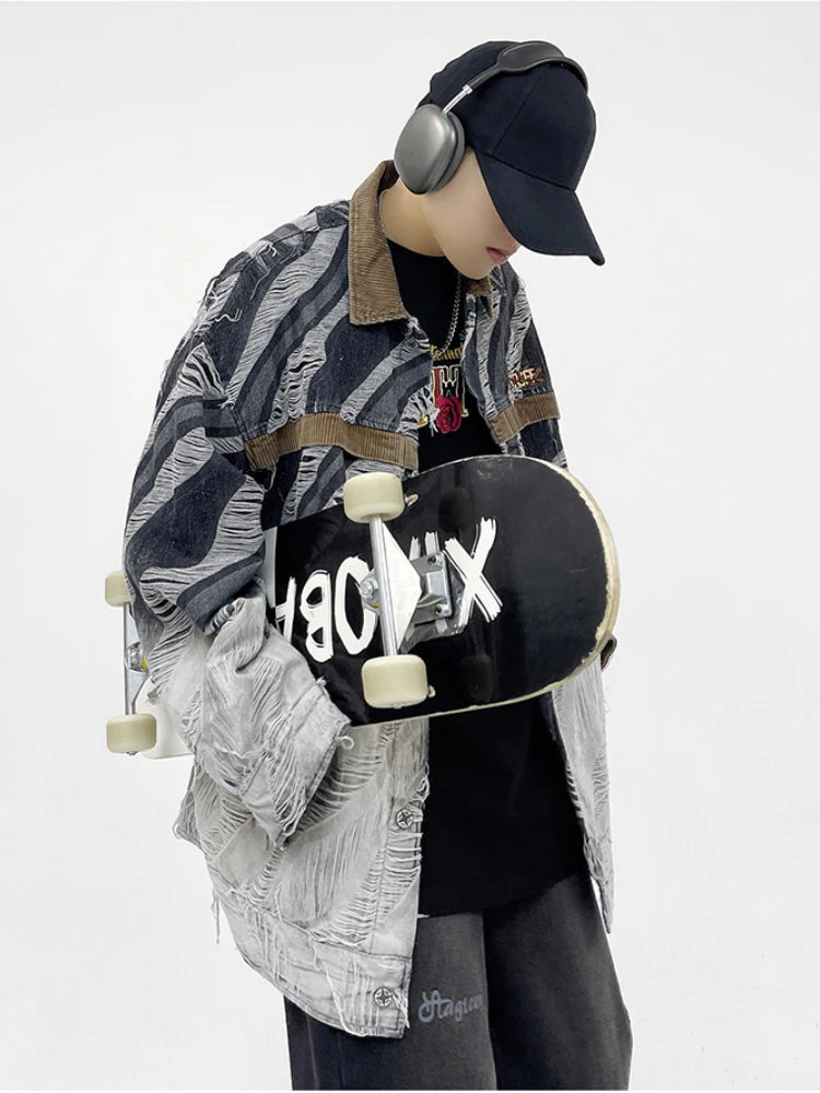 zebra printed harajuku denim jacket and coat mens hip hop patchwork ripped holes jeans outerwear casual streetwear jeans jackets ripped baggy denim