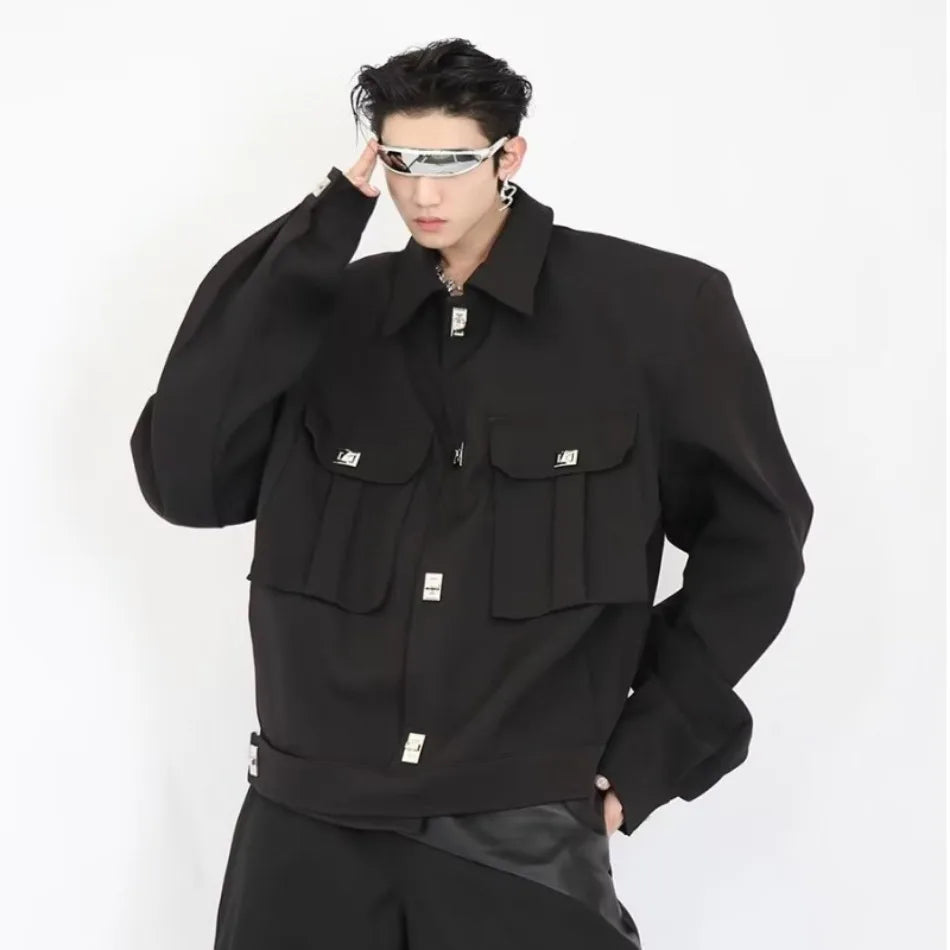 trendy high street jacket mens unisex metal button shoulder pad short coats multi pocket punk hip hop loose outwear oversized unique shorts style 3551