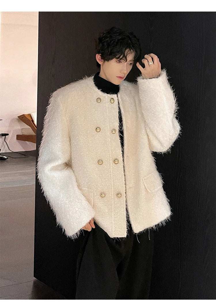 men double breasted french streetwear retro fashion loose casual tassels woolen short jacket man korean coat outerwear unique shorts style 1283
