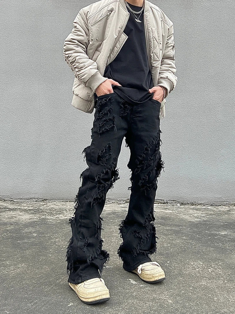 mens distressed ripped destroied tassel denim jean pants new fashion biker jeans streetwear flare pants joggers y2k men s jeans urban active pants