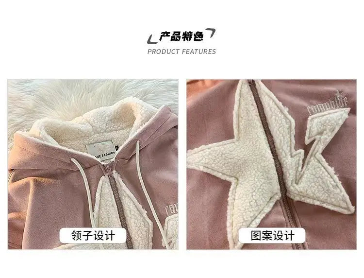 Star Hoodie American Style Retro Jackets Five Pointed Plush Thickened Lamb Wool Coat Women Autumn and Winter Loose Lazy Style Street King Limited