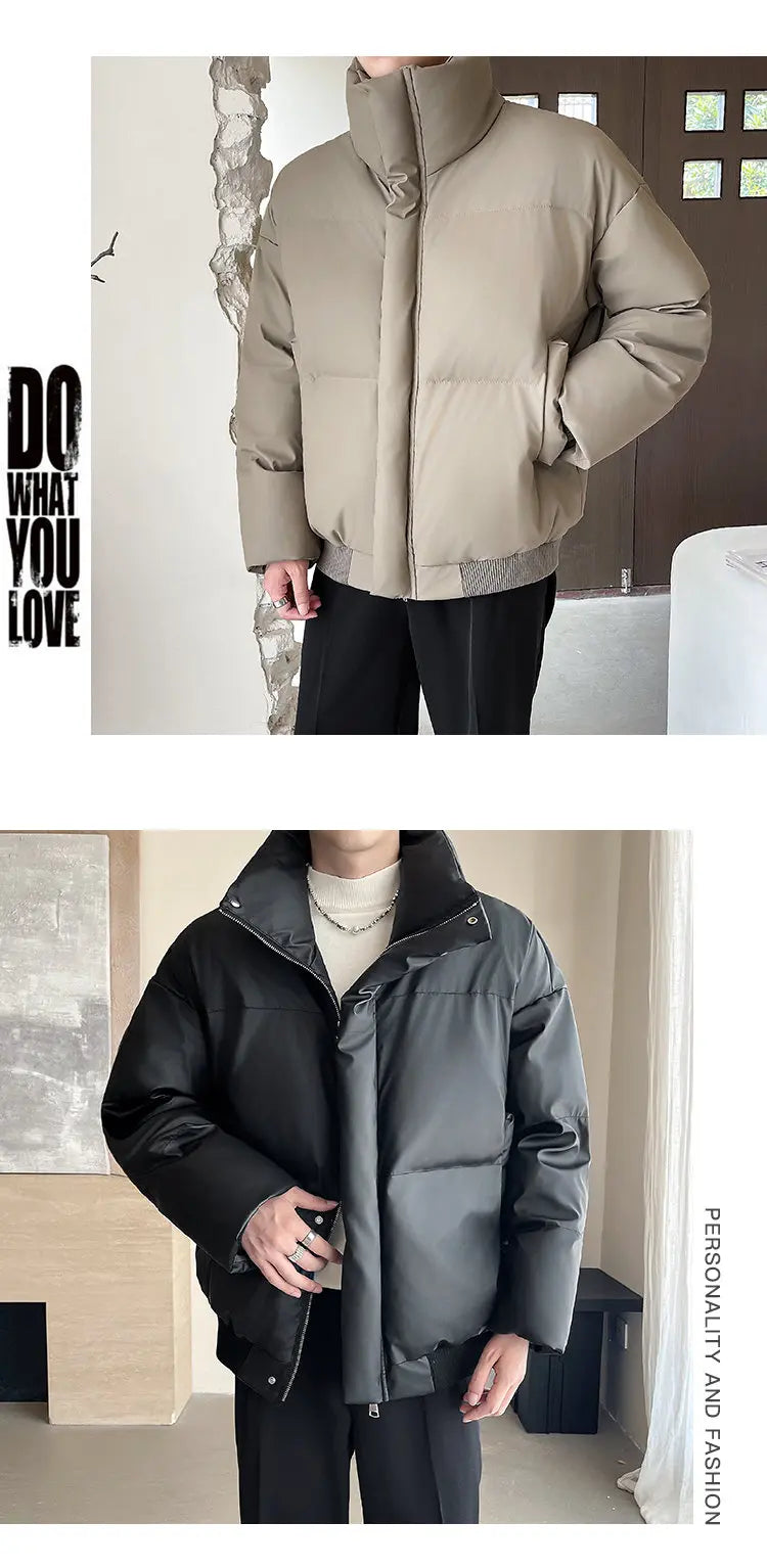 Winter Stand Collar Thicken Leather Short Jacket Men Fashion Loose Casual Warm Cotton-padded PU Leather Bomber Jacket Parka Coat Street King Limited
