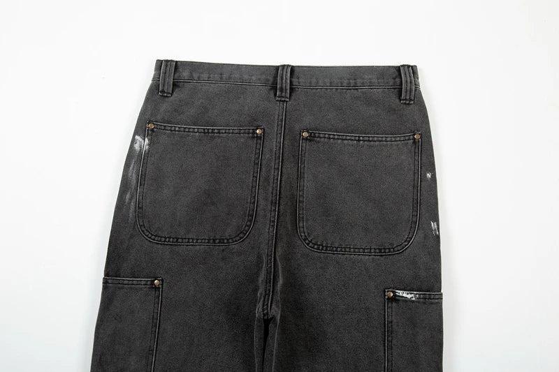 Harajuku Black Graffiti Flared Jeans Pants Patches Hip Hop Splashed Ink Wide Jeans Trousers Blue Slim Fit Washed Jeans for Men Street King Limited