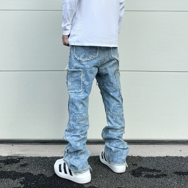 vintage high street washed light blue flared jeans cashew flower jacquard pattern rough edge jeans pants for men and women unique jeans style 913
