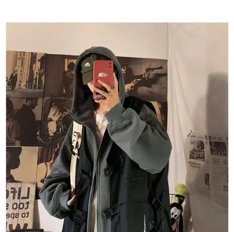Fake two-piece coat men's ins, trendy Japanese functional workwear hooded jacket, autumn European and American retro trend tops Street King Limited