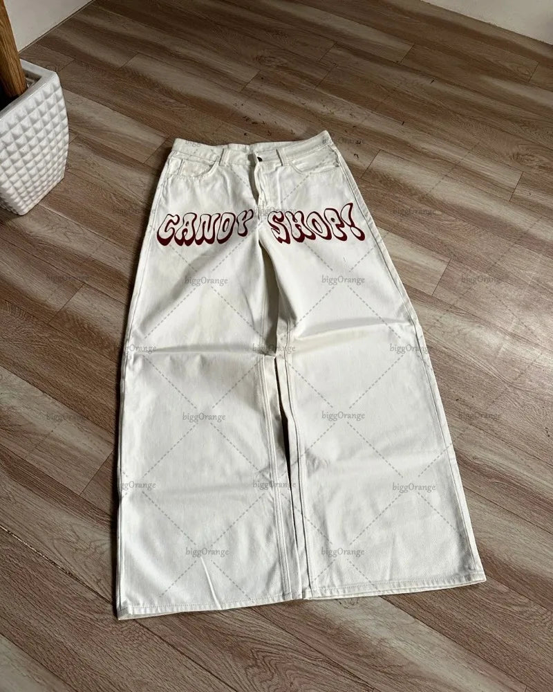 Y2K Harajuku Retro Washed Baggy Jeans Street Hip-hop Anime Printed Wide Pattern Straight Pants Men Trendy Brand Casual Trousers Street King Limited