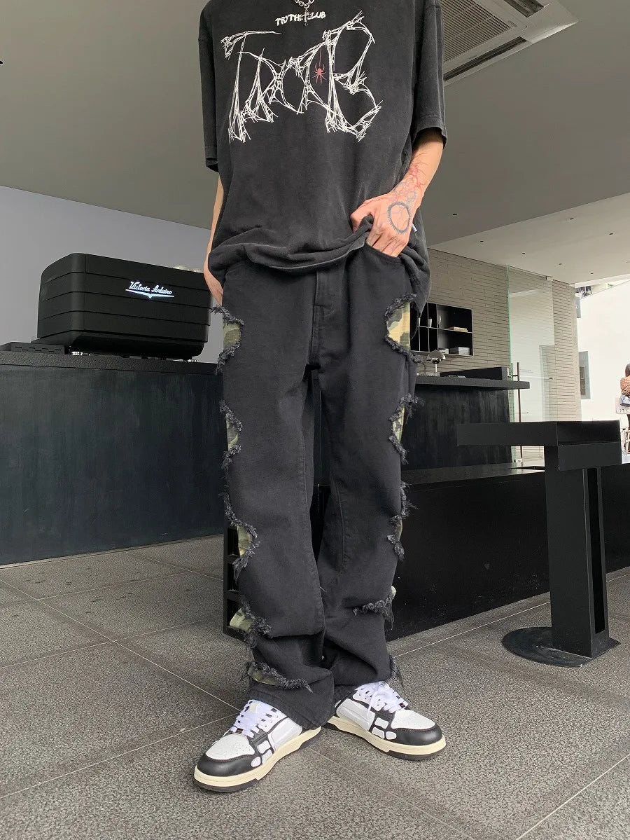 side destroyed ripped holes denim jeans pants mens casual patchwork camouflage loose straight joggers hip hop streetwear jeans unique joggers style 3071