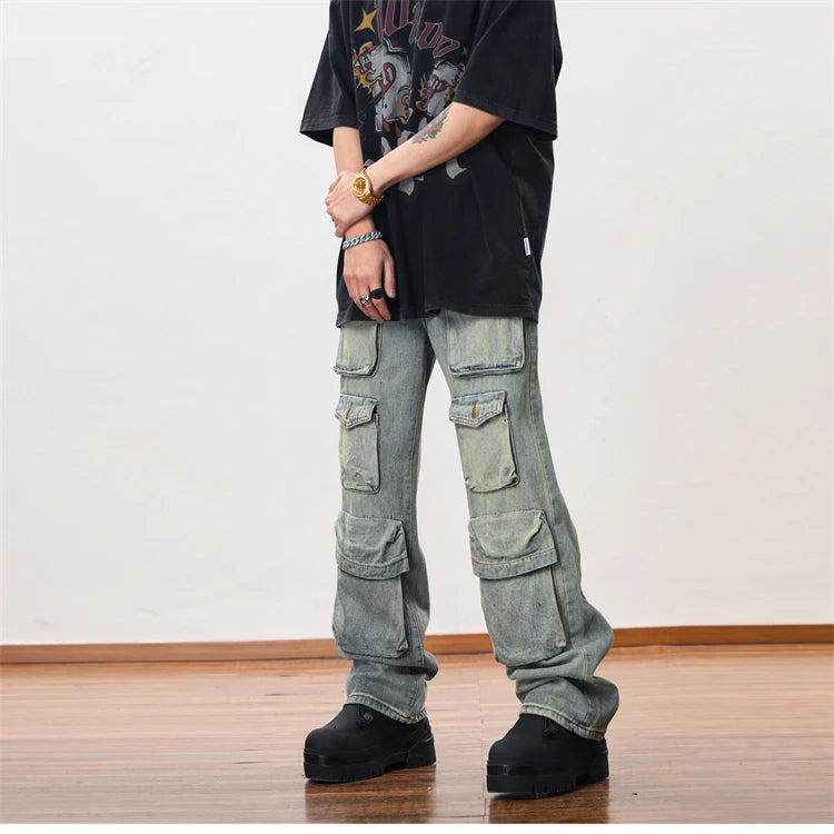 hip hop cargo denim pants streetwear plain denim pants mens harajuku cotton casual joggers jeans loose straight pants trousers unique joggers style 2846