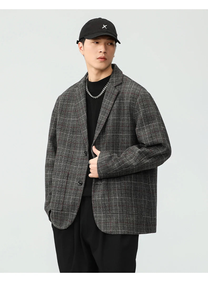 men autumn winter retro casual plus size thick plaid blazer jacket commuter man business streetwear fashion suit coat outerwear unique default style 1375