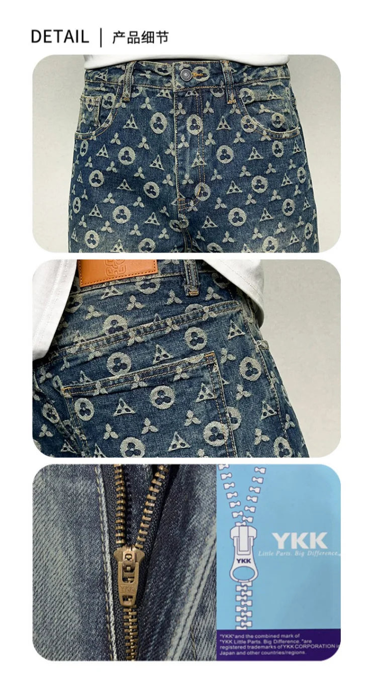 men jacquard streetwear hip hop vibe casual straight denim jeans pants boyfriend high street ripped jeans trousers unique jeans style 3015