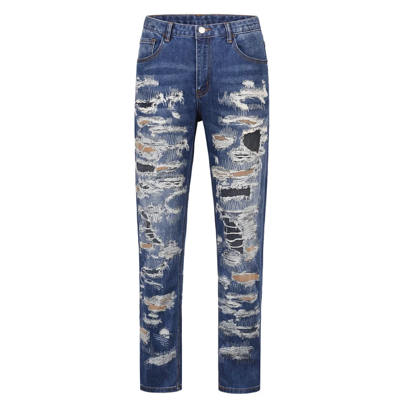 retro washed 3d printed fake distressed jeans hip hop denim pants streetwear jean pants mens harajuku cotton trousers joggers relaxed fit joggers