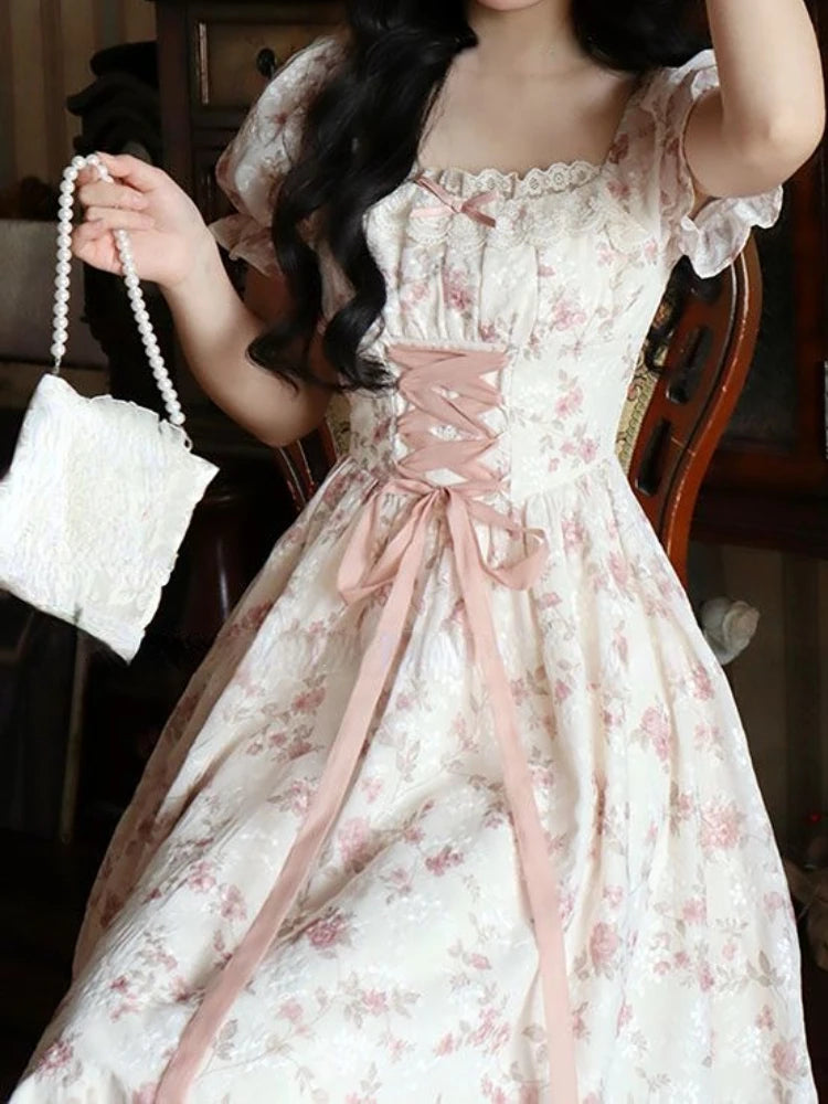 Summer Dress Y2k Floral Puff Sleeve Dress for Woman Robe Sexy Lace Up Side Split Chic Mid-Calf Aesthetic Dress Sexy Bodycon Robe Street King Limited