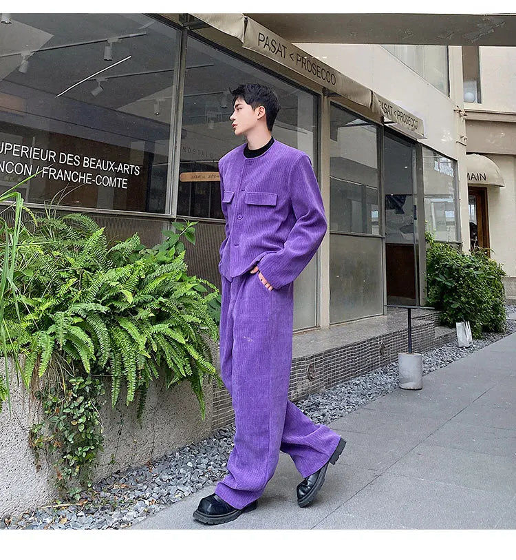 men 2 pieces sets corduroy short jacket wide leg pant suits korean streetwear fashion loose casual retro coat baggy trousers unique shorts style 2688