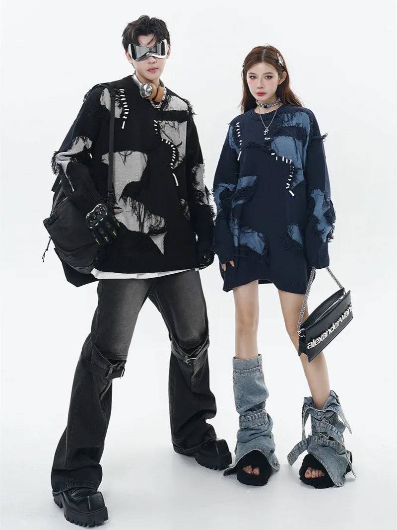Mens Knitted Sweater Fashion Tassel Irregular Block Pullovers Casual O-neck Unisex Harajuku Y2k Streetwear Loose Knit Jumpers Street King Limited