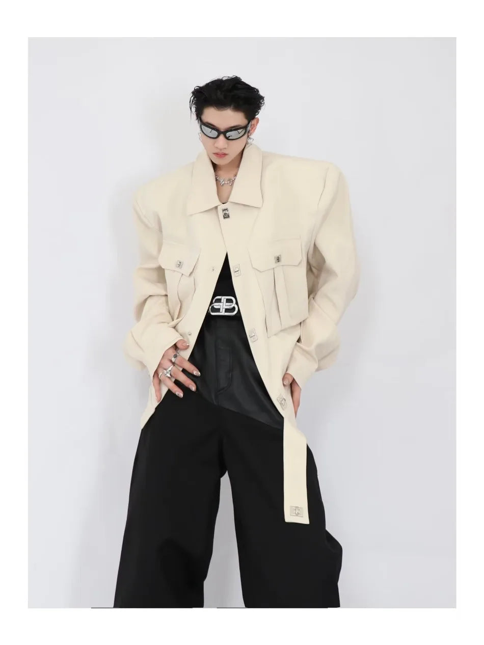 trendy high street jacket mens unisex metal button shoulder pad short coats multi pocket punk hip hop loose outwear oversized unique shorts style 3532