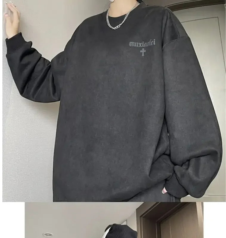 New suede sweatshirt for men in autumn new American high street handsome long sleeved couple tops printed round neck jacket y2k Street King Limited