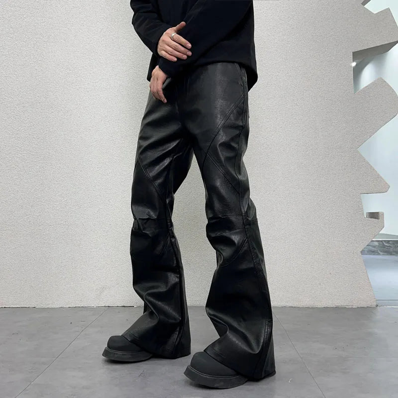 men streetwear fashion hip hop punk gothic vibe casual leather bell bottoms pant man boyfriend flared trousers unique default style 2889