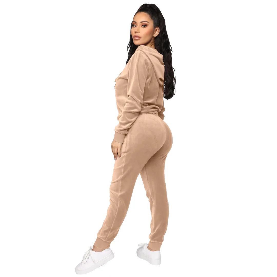 Women's Velvet Hooded Zipper Sweater Elastic Waist Trousers Two-piece Set Fashion Personality Trend Clothing Two-piece Slim Suit Street King Limited