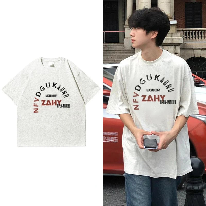 Trendy Korean Style Personalized Ins Creative Letter Printed T-shirt Summer Men's Y2K Street Casual Half-sleeved Round Neck Top Street King Limited